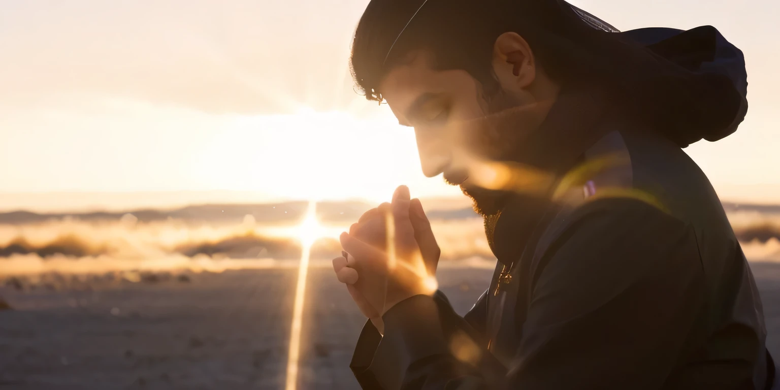 arafed image of a person Rezar in the sun, Rezar at the sun, kneeling in prayer, sun behind him, doing a prayer, Rezar, obturador, the wonder of devotion, com pano de fundo de raios de deus, a luz se curva para ele, luz gloriosa, Rezar posture, luz divina, Rezar meditating, explodindo com luz sagrada, luz de Deus, prayer