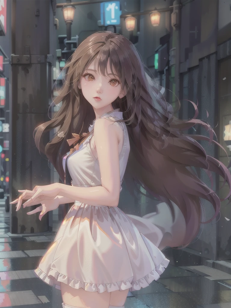 (Best quality, masterpiece: 1.3), 1 girl, rainy day, fog, alley, umbrella, looking at the audience, facing the photo, cyberpunk city, alone in an alley, neon lights in an alley, very reflective city, long hair, large and small strands of hair through an alley, bar, japan, Tokyo, garter belt on one leg, knee pads on the other, perfect hands, sophisticated, night, dress, shorts, tank top, white clothes
