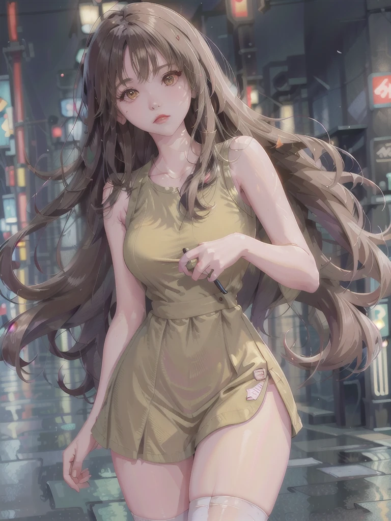 (Best quality, masterpiece: 1.3), 1 girl, rainy day, fog, alley, umbrella, looking at the audience, facing the photo, cyberpunk city, alone in an alley, neon lights in an alley, very reflective city, long hair, large and small strands of hair through an alley, bar, japan, Tokyo, garter belt on one leg, knee pads on the other, perfect hands, sophisticated, night, dress, shorts, tank top, white clothes