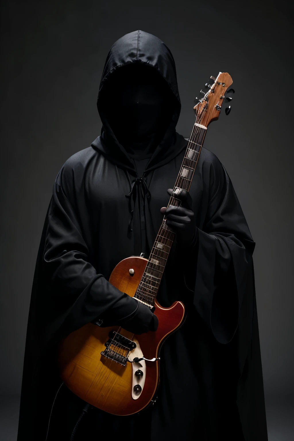 A man in a black robe and hood, his face is not visible, he holds an electric guitar in his hands