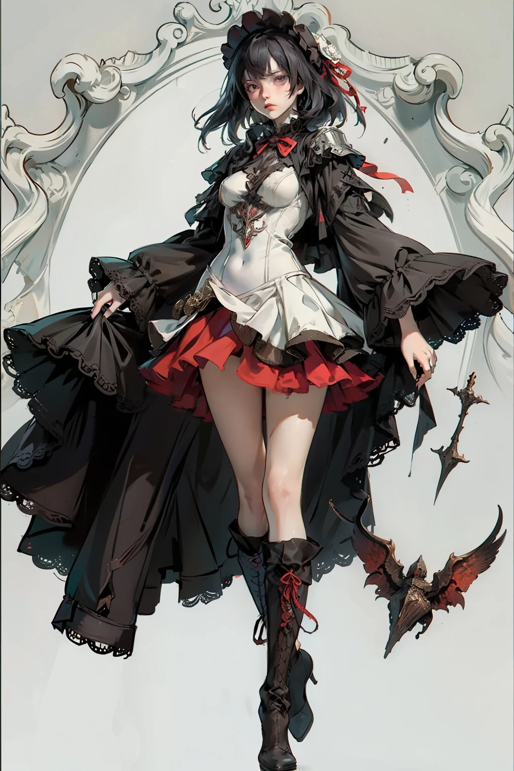 ((best quality)), ((masterpiece)), (detailed), blank white background, plain background, white background, red and white clothing, Bloodborne inspired, occult aesthetic, occult, detailed and intricate steampunk and detailed gothic, NSFW, Very dramatic and cinematic lighting, cosmic horror, grim-dark, side-lighting, perfect face, NSFW, Fluttering lace flared long knee length dress with frilly petticoats, knee length dress, pleated petticoats, ta dress, petticoats gothic lolicomplex lace boots, side-lighting, gothic lolita aetic, with an overflowing chalice, chalice, NSFW, beautiful small breasts, small breasts, full body, whole body, body, plain background, white background, blank background, no background, white background NSFW, full body, whole body, head-to-toe NSFW