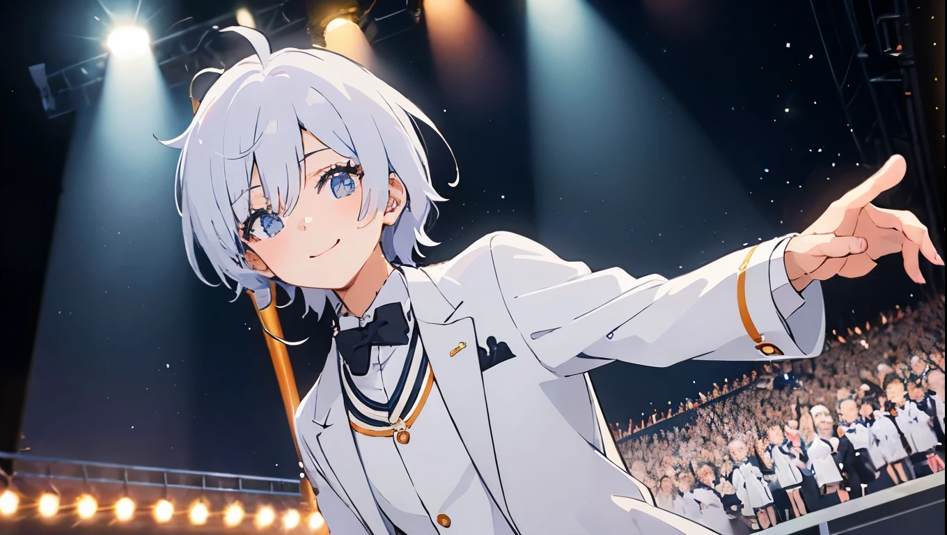 A cute girl in a white tuxedo is smiling on stage、Dark and old bar、Anime Style、Behind him are several band members in white tuxedos.