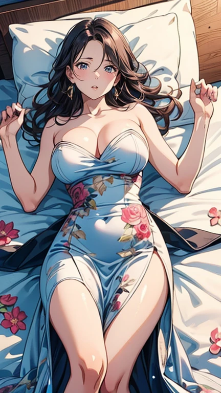 (Lie in bed and seduce, Ecstasy:1.5), ((Skirt Lift)), highest quality, Super detailed, (Ultra-high resolution,8K), Ultra-high definition 4K, (Perfect Anatomy, Anatomically correct), (Five Sensual Housewives:1.4), (Beautiful Eyes), (Detailed eyes), (High-quality facial beauty), (In the Storm:1.2), Friendly, (Photorealistic), (Detailed big breasts), Soft Skin, Glowing Skin, (Floral Print Lounge Slit Dress), Bright lighting, Very heavy rain, (Five Sensual Housewives:1.4), colorful, Goddess-like beauty, Professional photography techniques