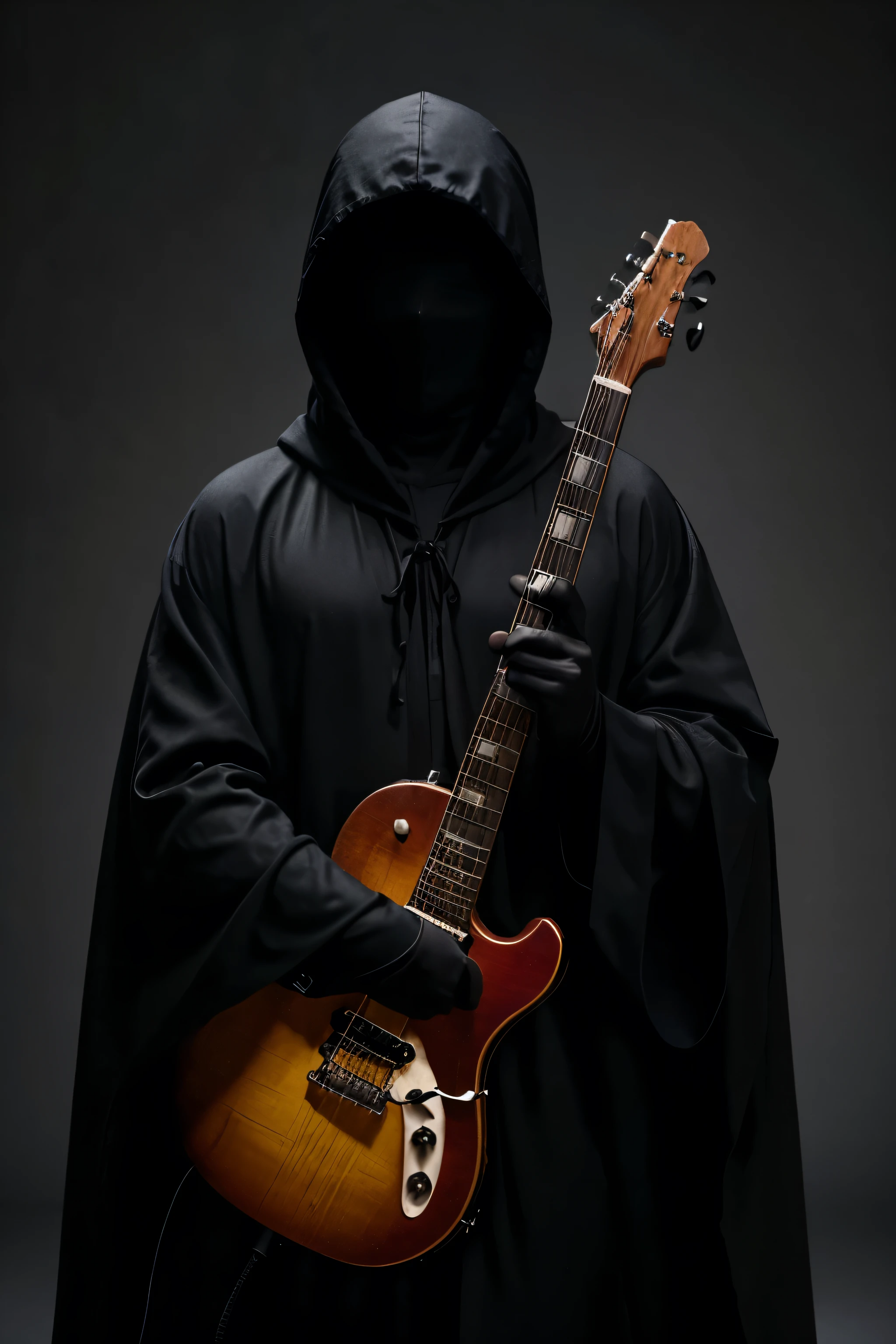 A man in a black robe and hood, his face is not visible, he holds an electric guitar in his hands 