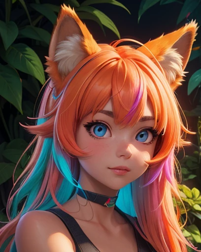 (masterpiece:1.1), (highest quality:1.1), (HDR:1.0), (real focus:1.2), (colored:1.3), a cute girl, detailed face and eyes, solo, fox ears, neon hair, muted color, neon orange, plants, (luminous:1.2), visible (righteous)