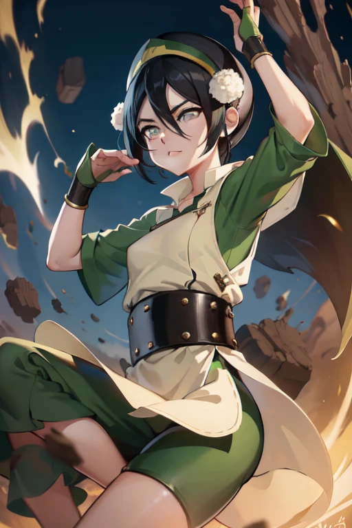 absurdos, high resolution, ultra detalhado, Toph beifong , cara decepcionada , Sozinho , jaqueta de galho, roupas abertas,  bra , peito grande ,shorts , olhando para o espectador , quarto . 