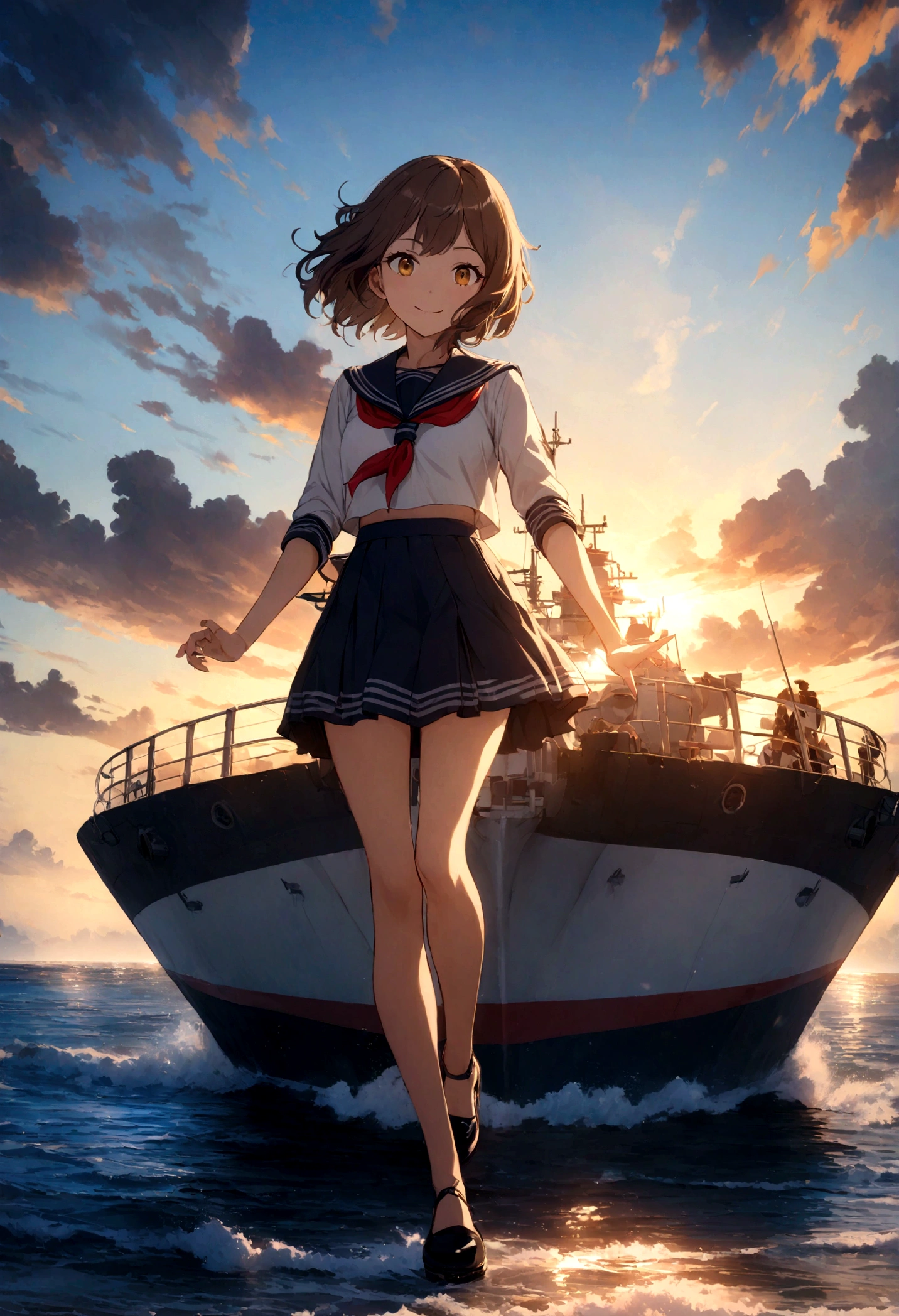 {{masterpiece, best quality, extremely detailed CG, unity 8k wallpaper, cinematic lighting, }}, Sony α7, wide frame, South Pacific, during war with Asian powers, wind blowing on Aegis ship, 1 Girl, Full Body, smile, she is a Indian Navy sailor, Indina, 20 Years Old, Smile, Brown Hair, Short Bob, golden eyes , long eyelashes ,