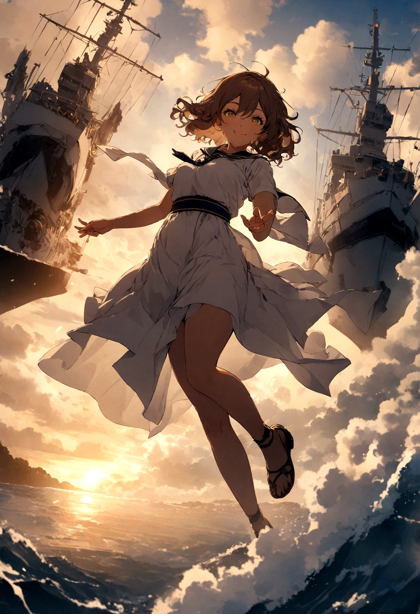 {{masterpiece, best quality, extremely detailed CG, unity 8k wallpaper, cinematic lighting, }}, Sony α7, wide frame, South Pacific, during war with Asian powers, wind blowing on Aegis ship, 1 Girl, Full Body, smile, she is a Indian Navy sailor, Indina, 20 Years Old, Smile, Brown Hair, Short Bob, golden eyes , long eyelashes ,