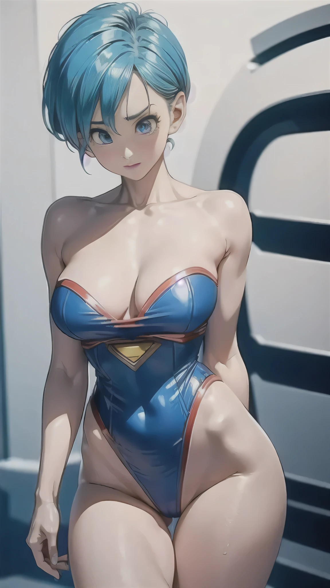 Bulma, 8k，Body use Supergirl role-play detailed definition，A shy expression，C cup，drenched all over the body，Particularly thin waist，Particularly thin legs，The legs are thinner，perfect bodies，Back close-up，Close-up of genitals，fully body photo