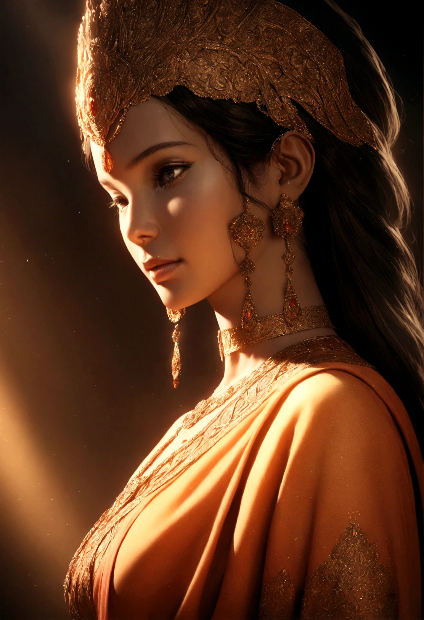 detailed portrait of a beautiful indian woman, intricate indian jewelry, indian sari with ornate patterns, ornate indian headpiece, warm color tones, dramatic lighting, high contrast, cinematic composition, photorealistic, 8k, best quality, masterpiece, ultra-detailed, hyper-realistic