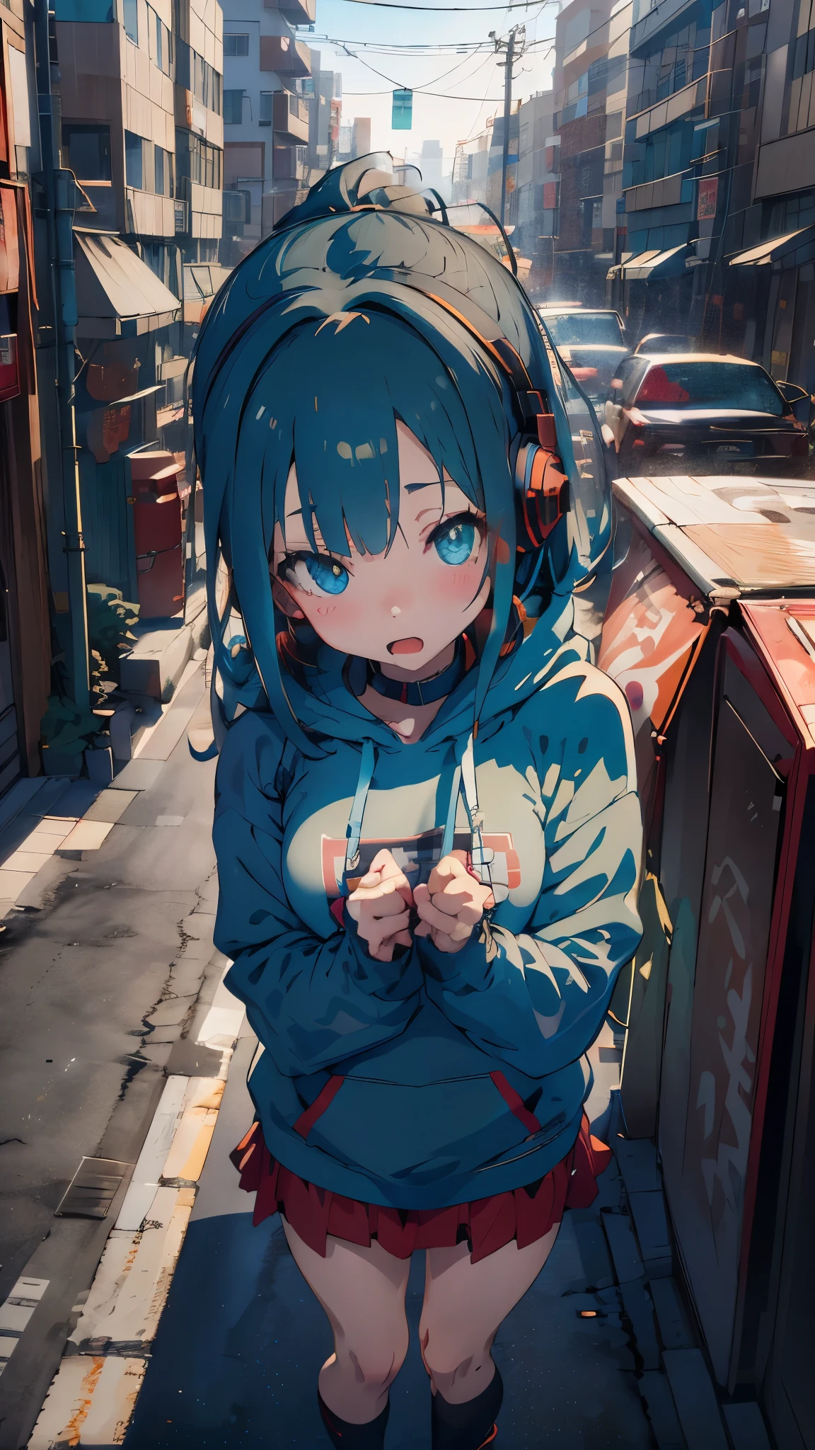 Shibuya Ward, Backstreets, vending machine on the background, wearing a hoodie on his head, From above, (8k, RAW Photos, highest quality, Tabletop:1.2), A girl in her 20s with headphones around her neck、Joy Pose、Goo、anime、yay！