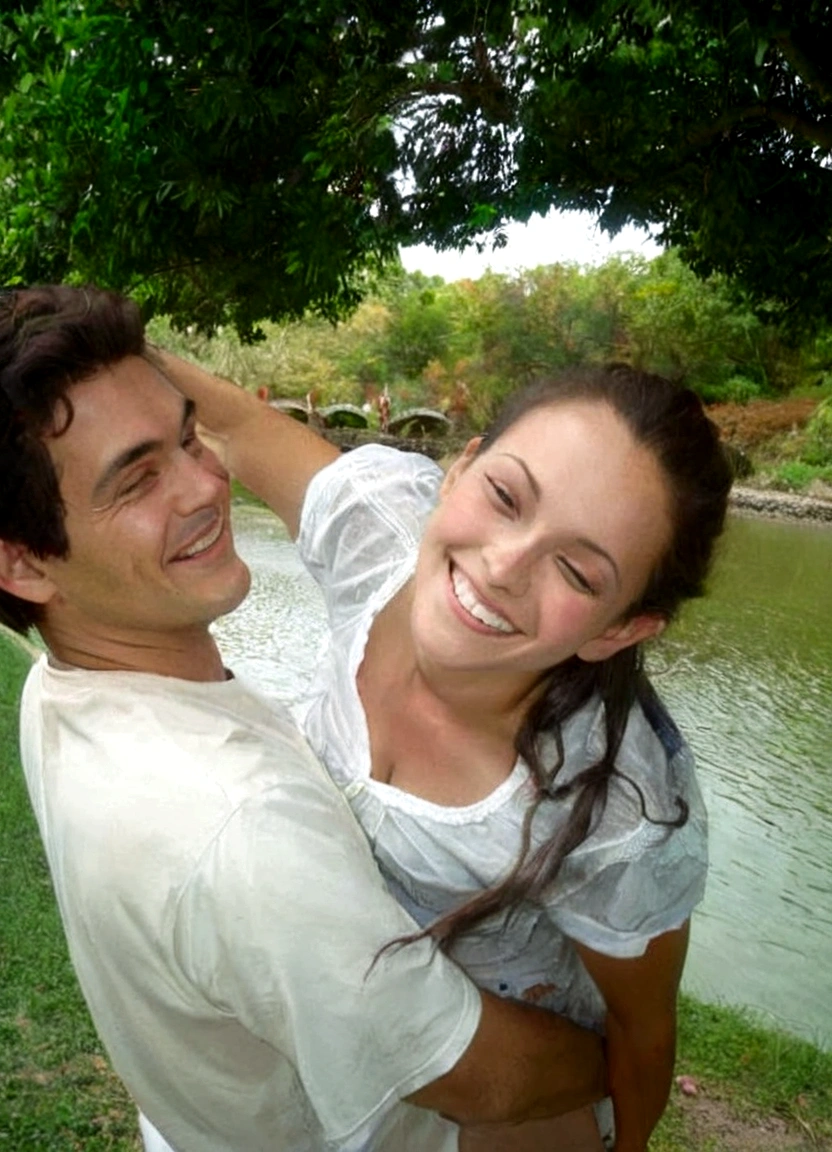 a couple, both smiling and the man carries the woman who is happy