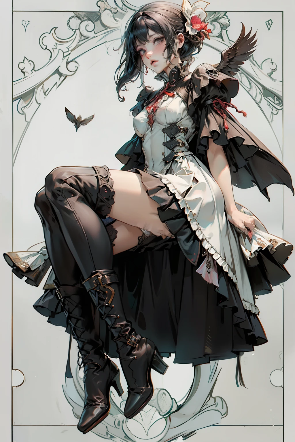 ((best quality)), ((masterpiece)), (detailed), blank white background, plain background, white background, red and white clothing, Bloodborne inspired, occult aesthetic, occult, detailed and intricate steampunk and detailed gothic, NSFW, Very dramatic and cinematic lighting, cosmic horror, grim-dark, side-lighting, perfect face, NSFW, Fluttering lace flared dress with frilly petticoats, pleated petticoats, lolita dress, petticoats gothic lolita, complex lace boots, side-lighting, gothic lolita aesthetic, wielding a mighty sword with mechanical components, carbine, NSFW, beautiful small breasts, small breasts, full body, whole body, body, plain background, white background, blank background, no background, white background NSFW, full body, whole body, head-to-toe NSFW