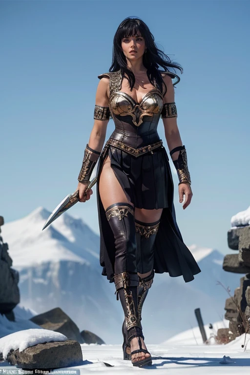 Xena, the Warrior Princess, walking through a cold, desolate landscape with death frost. She has incredibly long, beautiful, straight black hair with bangs, wearing her iconic classic Xena-style outfit. Her outfit includes a brown leather corset with intricate golden detailing, a short leather skirt with overlapping panels, brown leather armguards, and Greek-style sky-high stiletto sandals instead of boots. The scene is wide-format, capturing the vast, barren, and icy environment around her. Xena looks striking and powerful against the bleak background, her hair flowing beautifully in the cold wind. She is very cold, visibly shivering with signs of freezing, like frosty breath and ice forming on her outfit and hair.