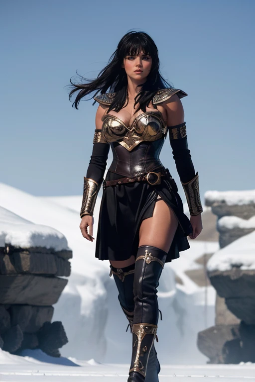 Xena, the Warrior Princess, walking through a cold, desolate landscape with death frost. She has incredibly long, beautiful, straight black hair with bangs, wearing her iconic classic Xena-style outfit. Her outfit includes a brown leather corset with intricate golden detailing, a short leather skirt with overlapping panels, brown leather armguards, and Greek-style sky-high stiletto sandals instead of boots. The scene is wide-format, capturing the vast, barren, and icy environment around her. Xena looks striking and powerful against the bleak background, her hair flowing beautifully in the cold wind. She is very cold, visibly shivering with signs of freezing, like frosty breath and ice forming on her outfit and hair.