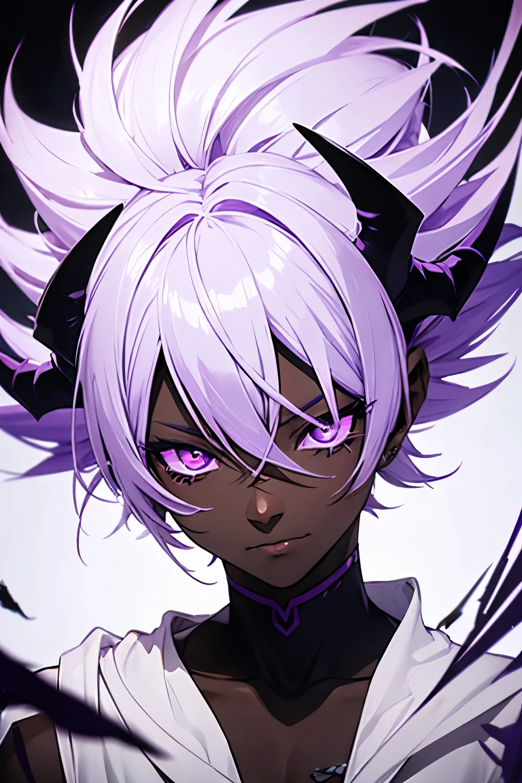 Dark skin anime demon male with white/purple hair and purple eyes