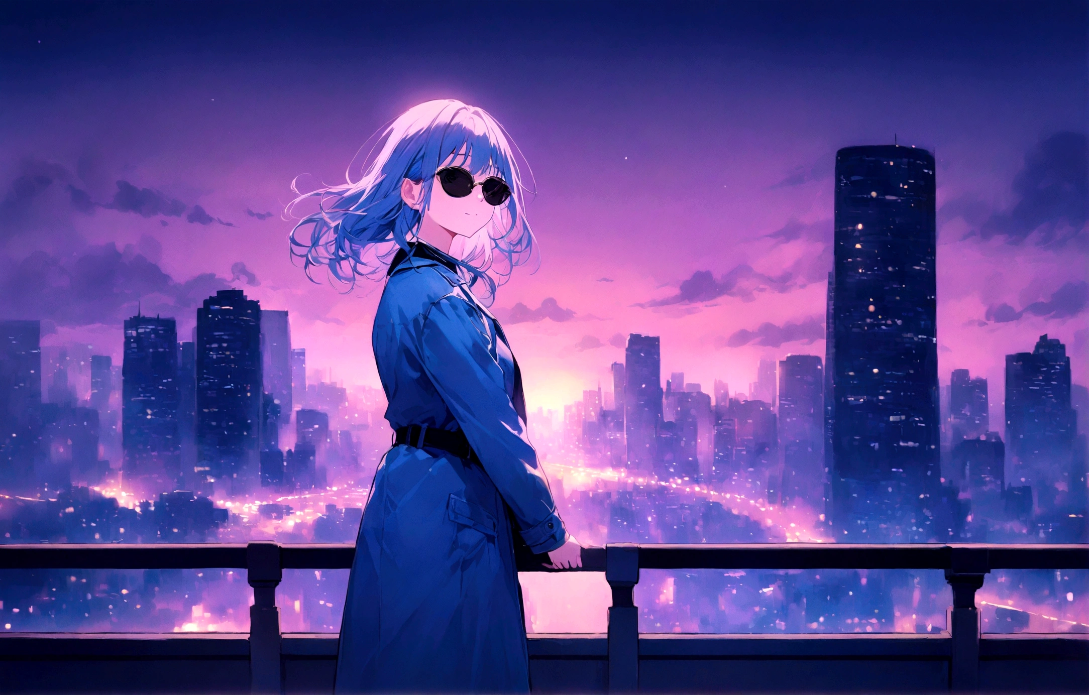 Wallpaper pictures of cool girls : Beautiful modern girl in a blue coat Wear sunglasses Behind is the cityscape in the evening. There are twinkling lights of the city amidst the blue, blue, and purple sky. Cool girls stand on high balconies or bridges. Looking out at the city with a confident and calm expression. The colors of the picture emphasize the dramatic tone.