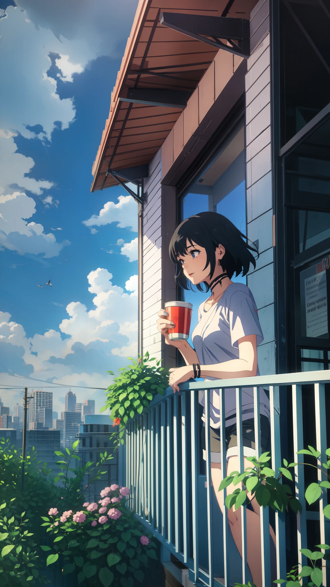 a girl standing on a balcony with a cup of coffee, cgsociety 9, chillhop, alena aenami and artgerm, makoto shinkai and artgerm, lofi girl aesthetic, anime scenery, makoto shinkai and (cain kuga), lofi aesthetic, anime landscape, anime nature, roof background, anime wallaper