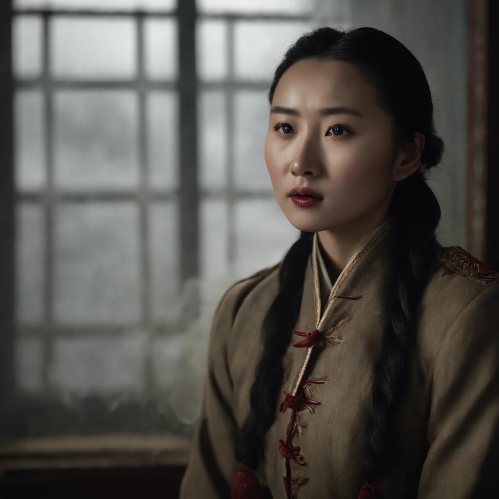1 beautiful young chinese woman in Manchukuo, 1941, not wearing coat but wearing dress without coat, her hair was frozen, her body was frozen, frozen in thick rigid ice in a dark locked human exprimentenation prison room, lying down shivering in fear, tears in her eyes, mouth opened, encased in ice, Unit 731 Harbin, Manchuria, China, (best quality,4k,8k,highres,masterpiece:1.2),ultra-detailed,(realistic,photorealistic,photo-realistic:1.37),HDR,UHD,studio lighting,ultra-fine painting,sharp focus,physically-based rendering,extreme detail description,professional,vivid colors,bokeh,horror,photography