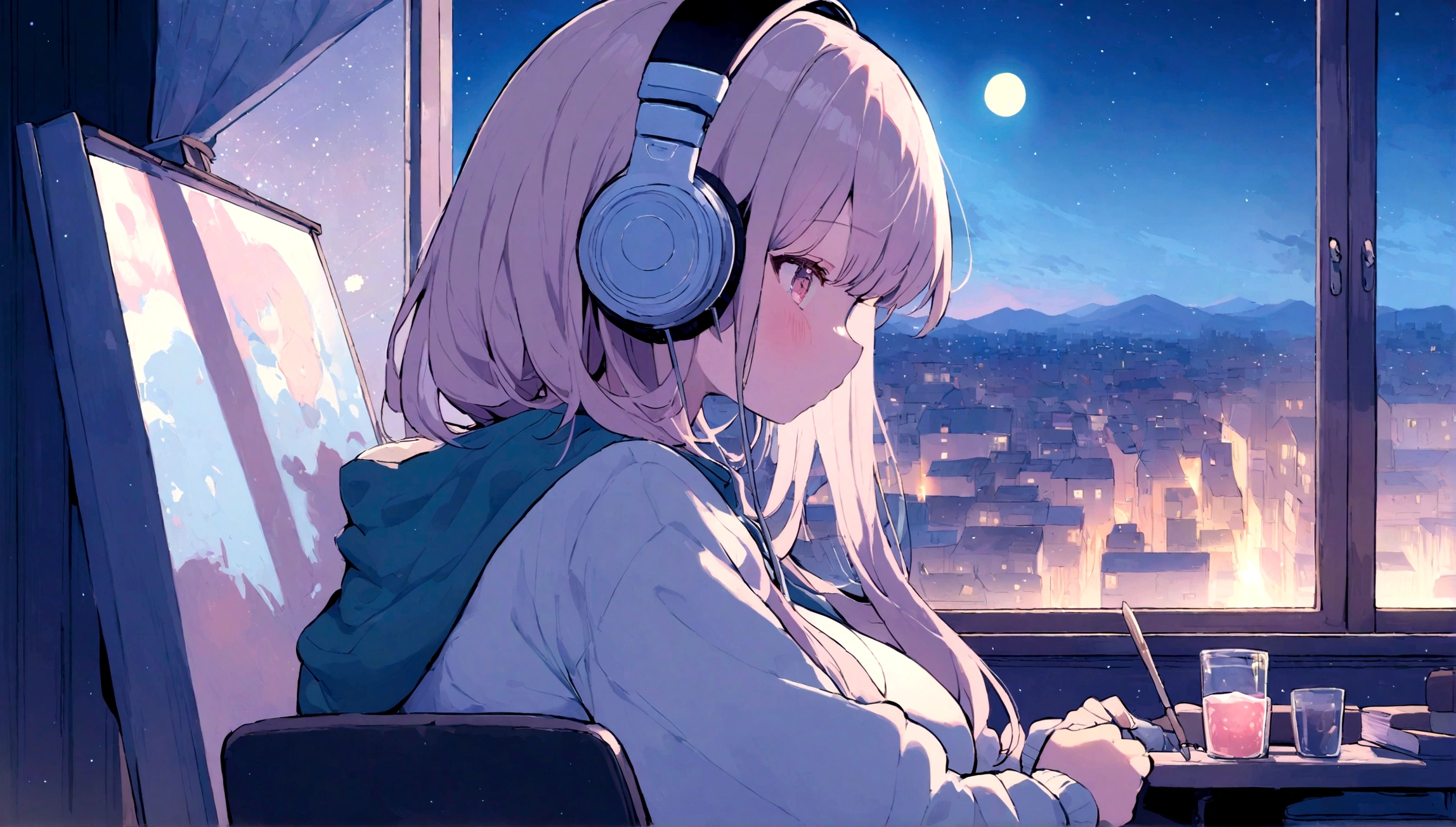 portrait、512、lofi、Girl with headphones sitting in a chair studying、City view outside the window、night、Pastel colors、Painting, lots of stars and moon, big breast