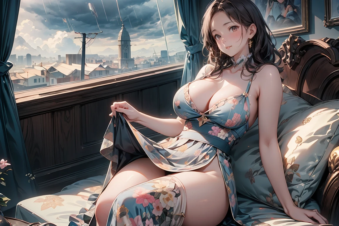 highest quality, Super detailed, (Ultra-high resolution,8K), Ultra-high definition 4K, (Perfect Anatomy, Anatomically correct), (Five Sensual Housewives:1.4), ((Skirt Lift)), (Beautiful Eyes), (Detailed eyes), (High-quality facial beauty), (In the Storm:1.2), Friendly, (Photorealistic), (Detailed big breasts), Soft Skin, Glowing Skin, (Floral Print Lounge Slit Dress), Bright lighting, Very heavy rain, (Five Sensual Housewives:1.4), colorful, Goddess-like beauty, Professional photography techniques