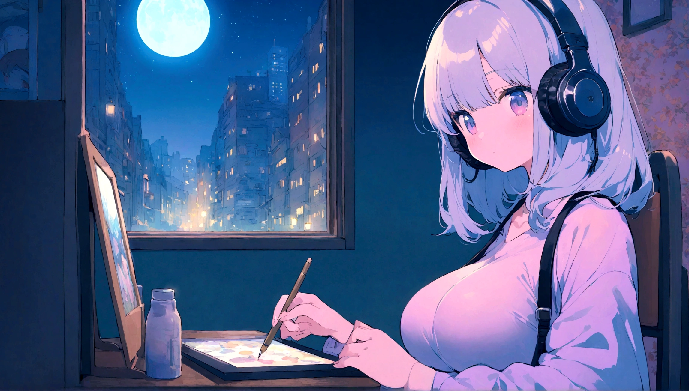 portrait、512、lofi、Girl with headphones sitting in a chair studying、City view outside the window、night、Pastel colors、Painting, lots of stars and moon, big breast