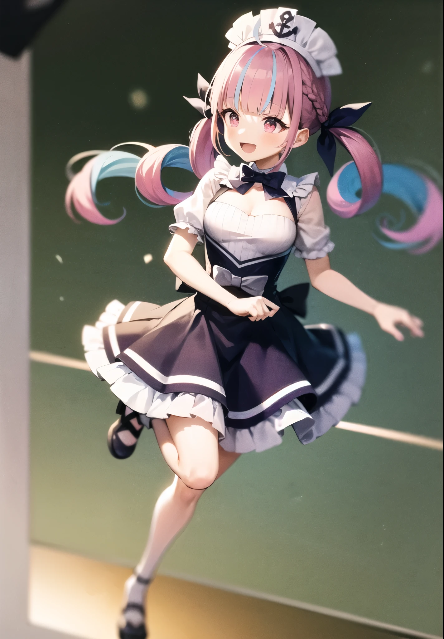 Minato Aqua、multi color hair、Twin-tailed、Color Inner Hair、Two-tone hair、Drill Hair、twin drills、Ahoge、Ankle Cuffs、striated hair、 (highest quality, 8k, masterpiece, Super detailed:1.2), Dynamic pose, Movie angle, Particles of light, Shine, Beautiful fine details, Shiny skin, Shiny Hair,
Day, Speckled Daylight,One girl, alone, skirt, smile, cute, Happy, Open your mouth, pleated , Short sleeve, :d, clavicle, bow , live stage, neon light, many audience, aaaqua,  maid headdress