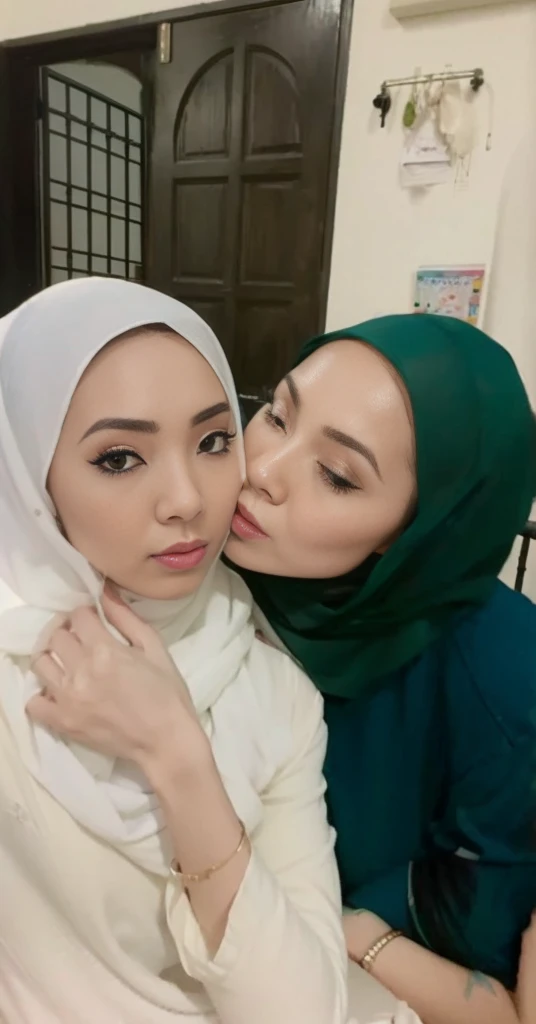 RAW, Best quality, high resolution, masterpiece: 1.3), beautiful malaysian woman in hijab,Masterpiece, perfect slim fit body, (big breastig gorgeous eyes, Soft smile, wear a light tight shirt and very tight light legging. cameltoes.panties lines.necklace, shairband, evening view. freestyle pose. waterfall view. Excellent lighting, Bright colors, Clean lines.