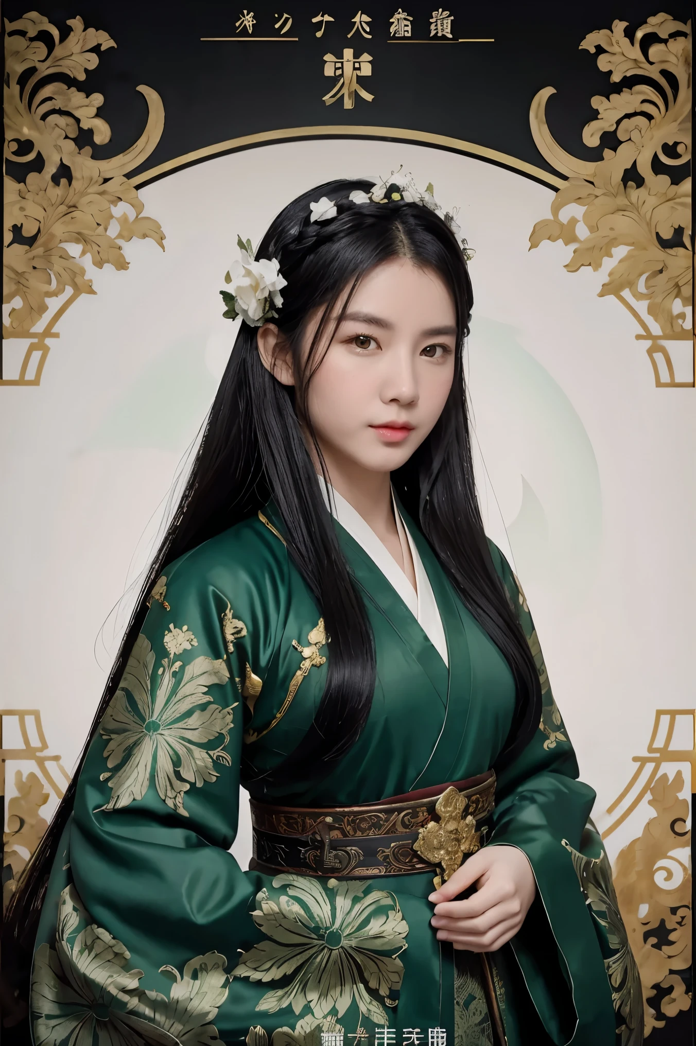 1 girl, heroine, handsome, splashed ink, Chinese armor, (upper body), black hair, floating hair, delicate eyes, black and green antique damask Hanfu, fov, (f1.8), (masterpiece), (portrait shot), front shot, white background, (movie poster), weapon