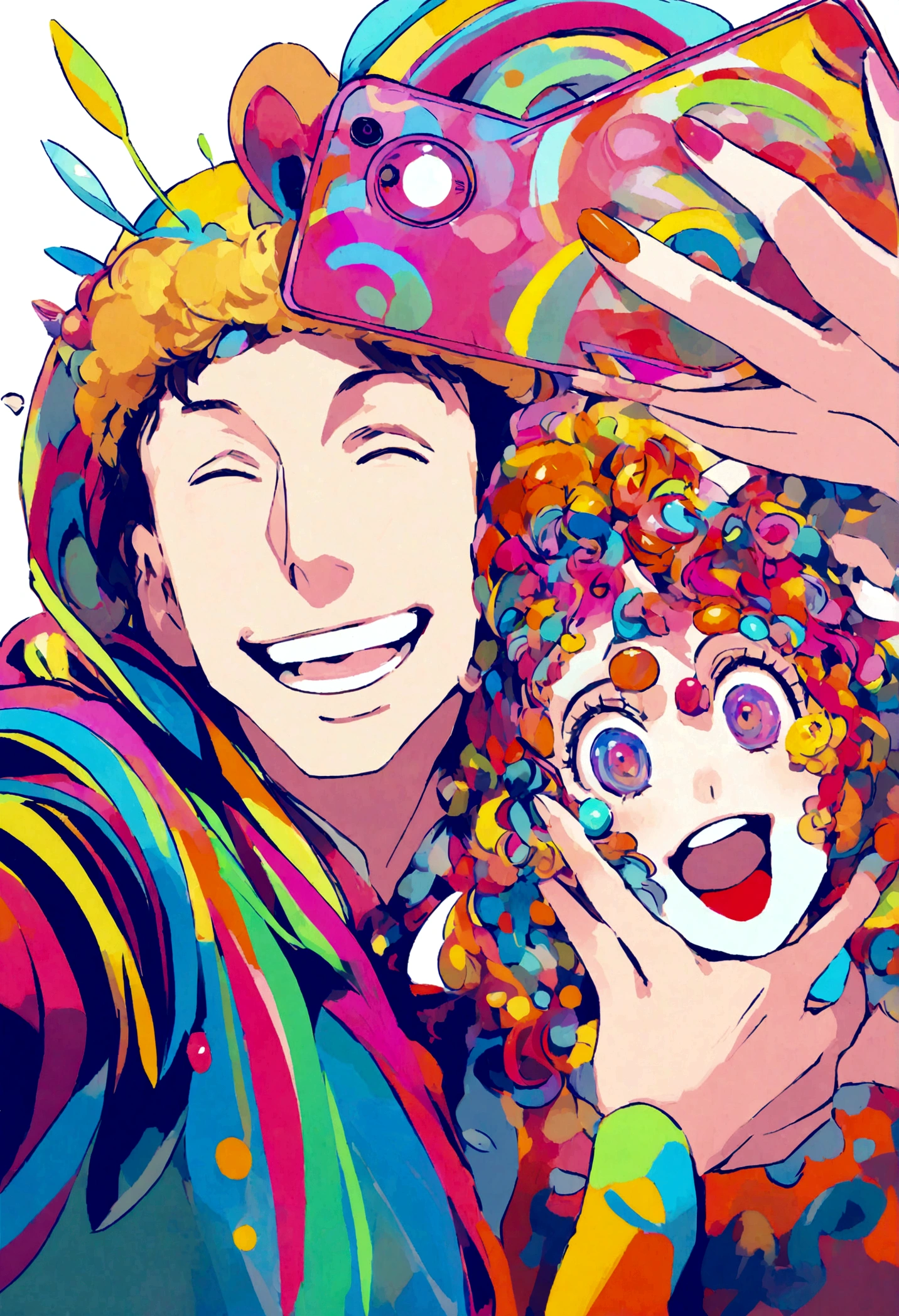 the man takes a selfie with the woman, they are both happy and very happy, creating a white background and bursts of bright colors