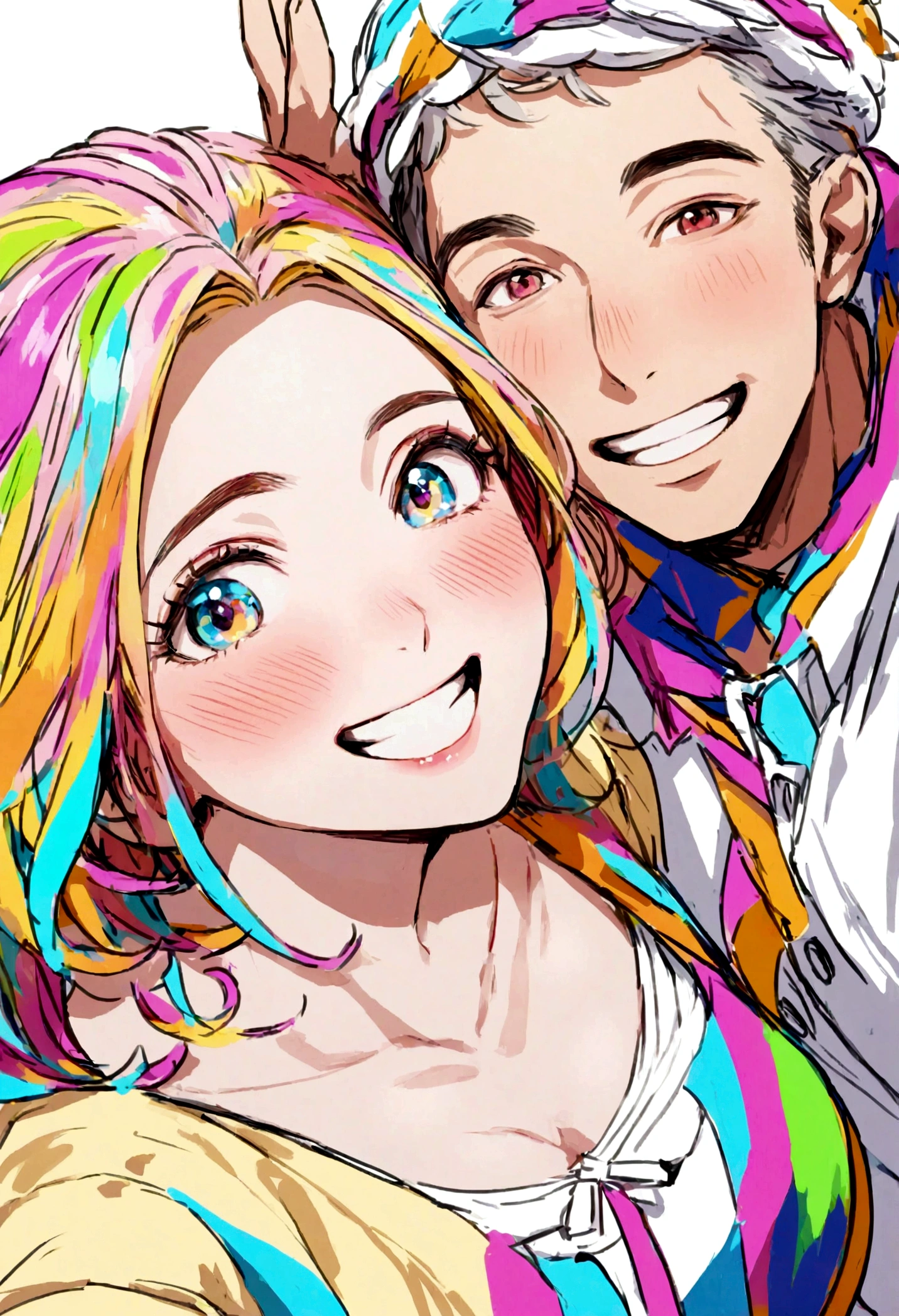 the man takes a selfie with the woman, they are both happy and very happy, creating a white background and bursts of bright colors