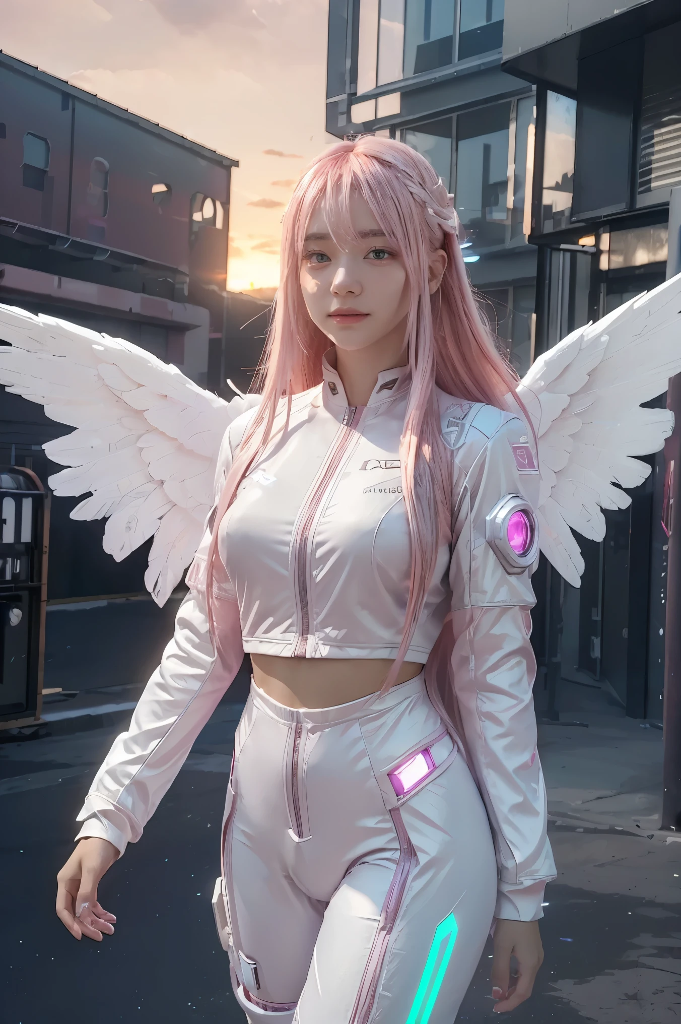 ((masterpiece, best quality, extremely detailed), volumetric lighting, ambient occlusion, colorful, glowing), 
1girl, solo, young girl, (pink hair), long hair, halo, aura, sacred, godness, cyber suit, (white outfit:1.3), android, bot, angel wings,
outdoors, sunset, sky, clouds, space, (cyberpunk theme:1.2),