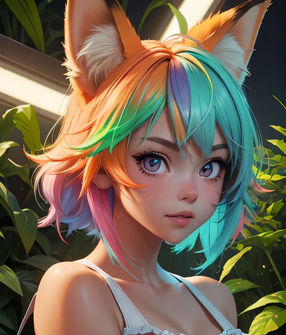(masterpiece:1.1), (highest quality:1.1), (HDR:1.0), (real focus:1.2), (colored:1.3), a cute girl, detailed face and eyes, solo, fox ears, neon hair, muted color, neon orange, plants, (luminous:1.2), visible (righteous)