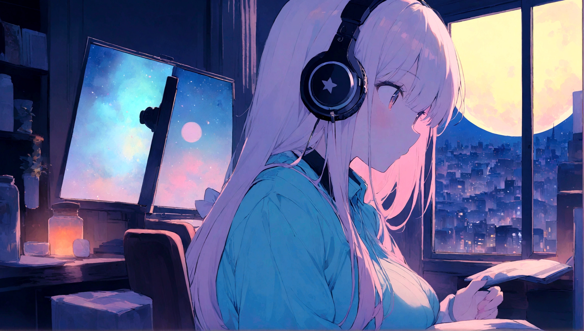 portrait、512、lofi、Girl with headphones sitting in a chair studying、City view outside the window、night、Pastel colors、Painting, lots of stars and moon, super big breast,She looks like she likes heavy metal.