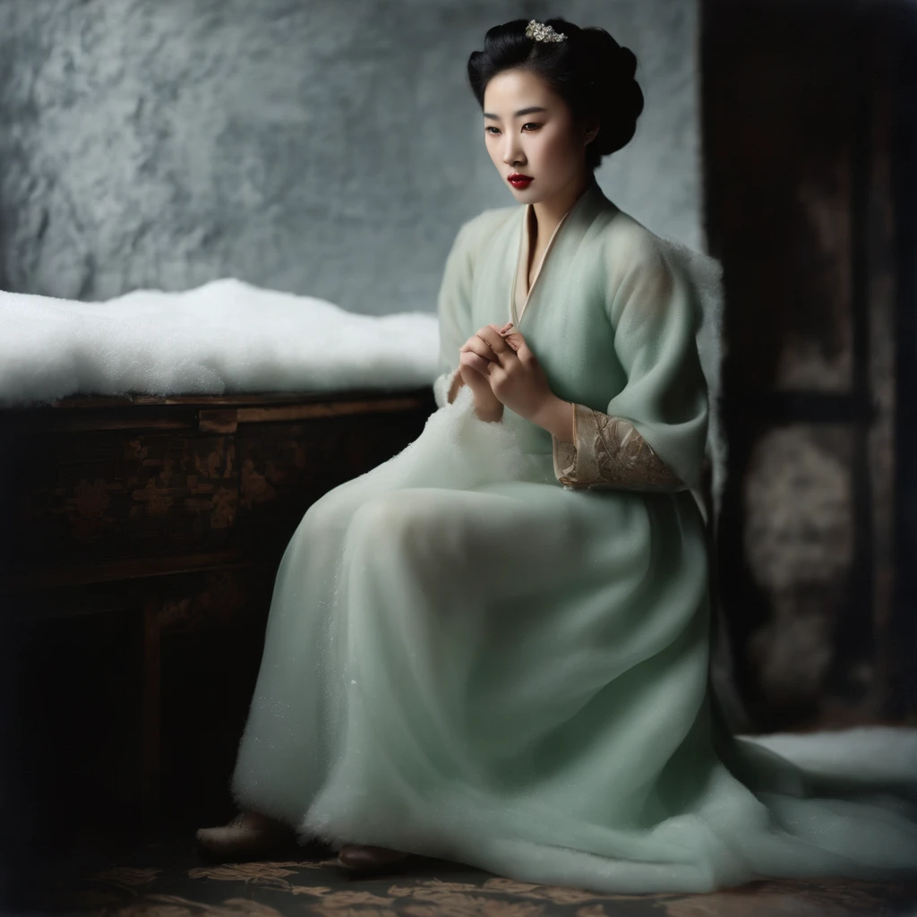 1 beautiful young chinese woman in Manchukuo, 1941, not wearing coat but wearing dress without coat, her hair was frozen, her body was frozen, frozen in thick rigid ice in a human exprimentenation prison room with lock door, lying down shivering in fear, tears in her eyes, mouth opened, encased in ice, Unit 731 Harbin, Manchuria, China, (best quality,4k,8k,highres,masterpiece:1.2),ultra-detailed,(realistic,photorealistic,photo-realistic:1.37),HDR,UHD,studio lighting,ultra-fine painting,sharp focus,physically-based rendering,extreme detail description,professional,vivid colors,bokeh,horror,photography
