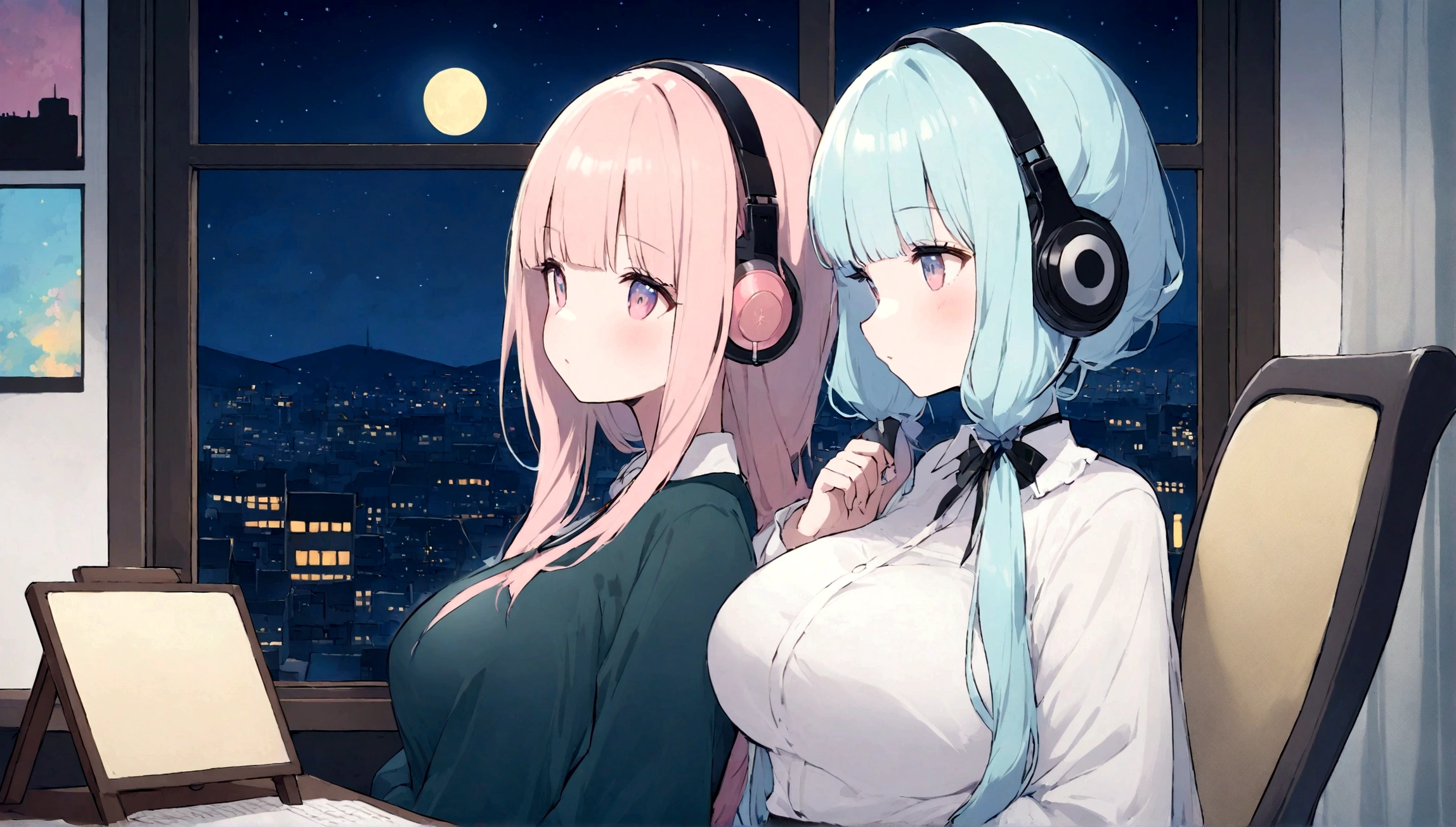 portrait、512、lofi、Girl with headphones sitting in a chair studying、City view outside the window、night、Pastel colors、Painting, lots of stars and moon, big breast