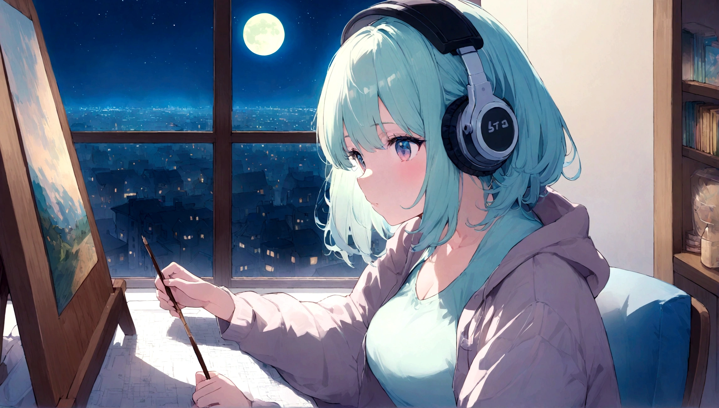 portrait、512、lofi、Girl with headphones sitting in a chair studying、City view outside the window、night、Pastel colors、Painting, lots of stars and moon, big breast