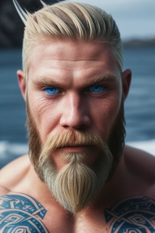 Perfect muscle god beard blonde beautiful blue eye viking tattoos.