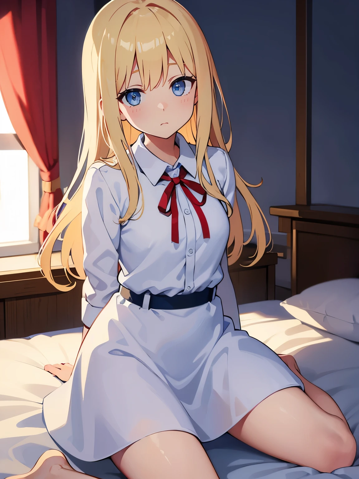 Blonde、Blue Eyes、Shy expression、White dress shirt、Red ribbon on the neck、Navy Skirt、Bed in the background