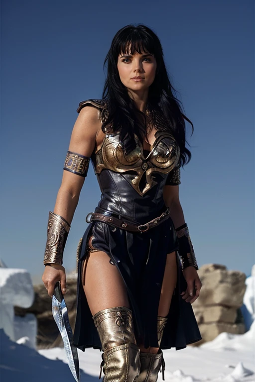 Incredibly beautiful seductive captivating woman, Xena, the Warrior Princess, walking through a cold, desolate landscape with death frost. She has incredibly long, beautiful, straight black hair with bangs, wearing her iconic classic Xena-style outfit. Her outfit includes a brown leather corset with intricate golden detailing, a short leather skirt with overlapping panels, brown leather armguards, and Greek-style sky-high stiletto sandals instead of boots. The scene is wide-format, capturing the vast, barren, and icy environment around her. Xena looks striking and powerful against the bleak background, her hair flowing beautifully in the cold wind. She is very cold, visibly shivering with signs of freezing, like frosty breath and ice forming on her outfit and hair.