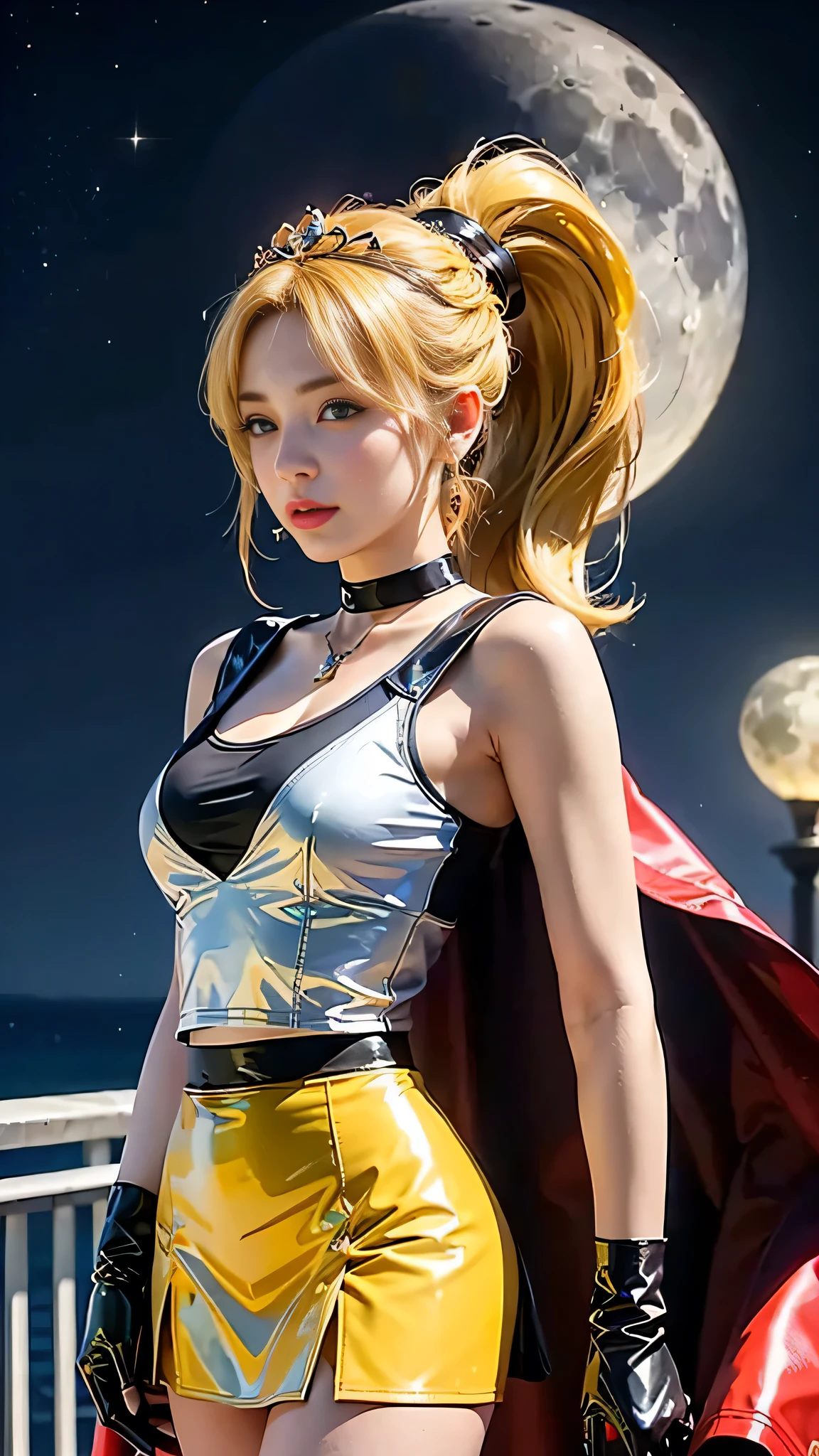 ((masterpiece:1.4)、(highest quality:1.4)、(Realistic:1.7))、Masterpiece:1.4、(Top-notch rendering:1.4)、beautiful girl、(Beautiful girl Sailor Moon 2:1.7)、MoonWild Rabbit、(Body Fit Sexy Sailor Warrior Uniform:1.4)、(Shiny latex:1.7)、(The jacket is a white sleeveless sailor suit....:1.4)、(Skirt Blue Sexy Ultra Ultra Pleated Mini Skirt:1.4)、The sailor suit collar has two thin blue lines...............:1.2、High leg swimsuit、Red cloth decoration on chest:1.2、(Wearing white gloves)、Cute Girl、Super Beauty、Sharp Focus、Portrait Photography:1.4、8k、Photorealistic images:1.4、(Perfect female body:1.4)、Perfect proportions、(Upper body shot:1.4)、Beautiful Face、Beautiful Eyes、(Narrow waist:1.4)、(9-body proportions beautiful girl:1.4)、(A beautiful girl with long legs and a good figure:1.4)、Beautiful feet:1.2、(Yellow Hair:1.4)、(Long Hair:1.2)、(ponytail:1.2)、Beautiful breasts、Large Breasts:1.2、sexy ass、Raw photo、Red lips、Red high heels:1.4、choker:1.4、necklace:1.4、Earrings:1.4、Gorgeous golden tiara:1.4、1 Screen Display:1.4、moon、universe、spaceship、Universe Station、City of the Future