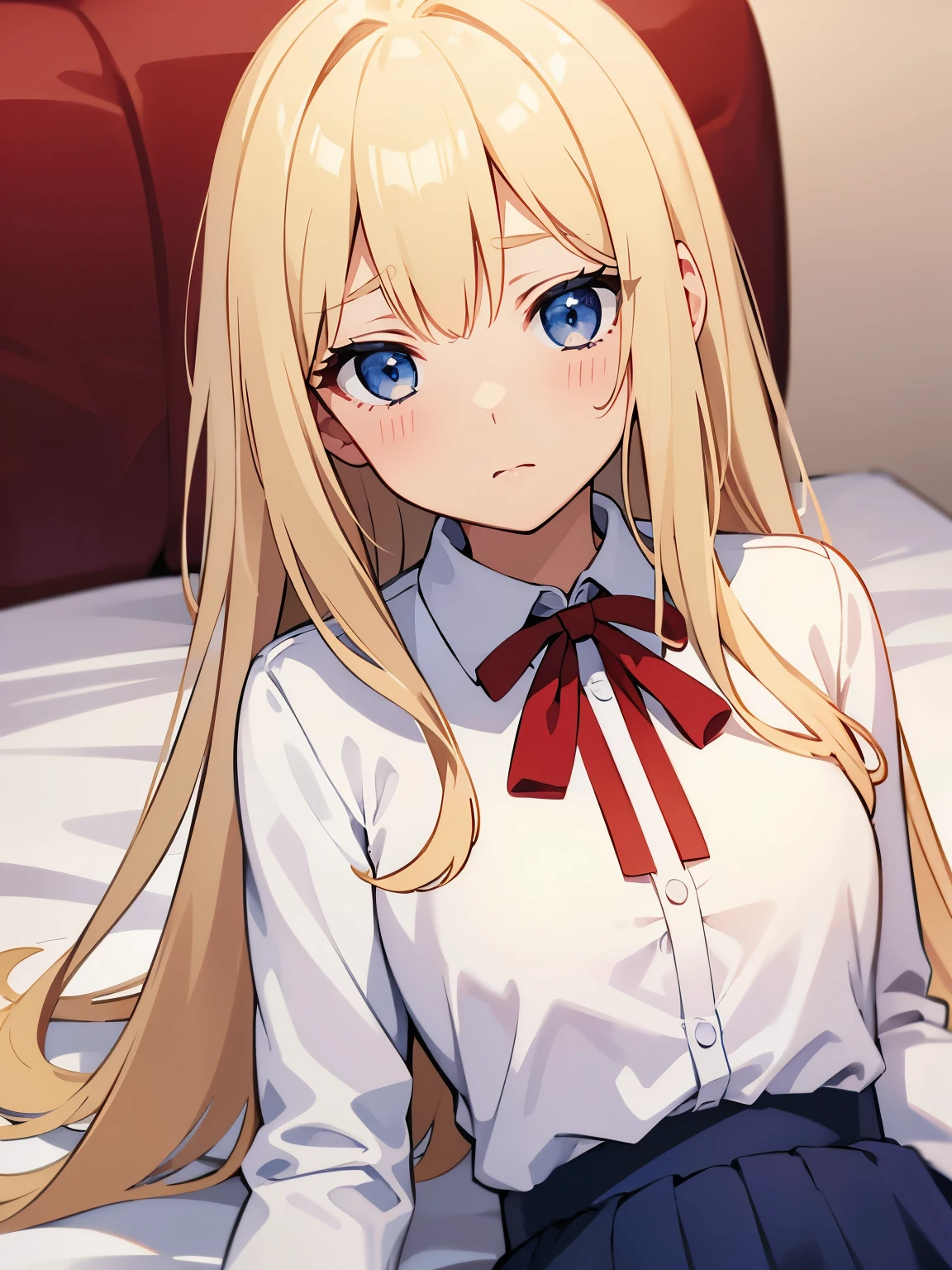 Blonde、Blue Eyes、Shy expression、White dress shirt、Red ribbon on the neck、Navy Skirt、Bed in the background