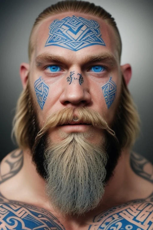 Perfect muscle god beard blonde beautiful blue eye viking tattoos.