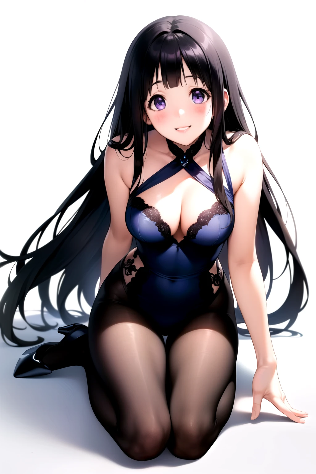 (A superb exquisite Chitanda Eru), (adult face), solo, full-body, intricate details, (finely detailed beautiful eyes: 1.2), purple eyes, long black hair, natural straight hair, straight bangs, solo, [Small_breasts: large_breasts: 0.5], extremely delicate, peerless beautiful girl, dreamy quality, exaggerated facial features, solid color, realistic shadows, natural pose, bright lips, slender waist, straight curves, super fine, [8K full HD], (masterpiece:1.4), (((white background, blush, IDOL, fashion clothes, erotic, sensual, smile)))
