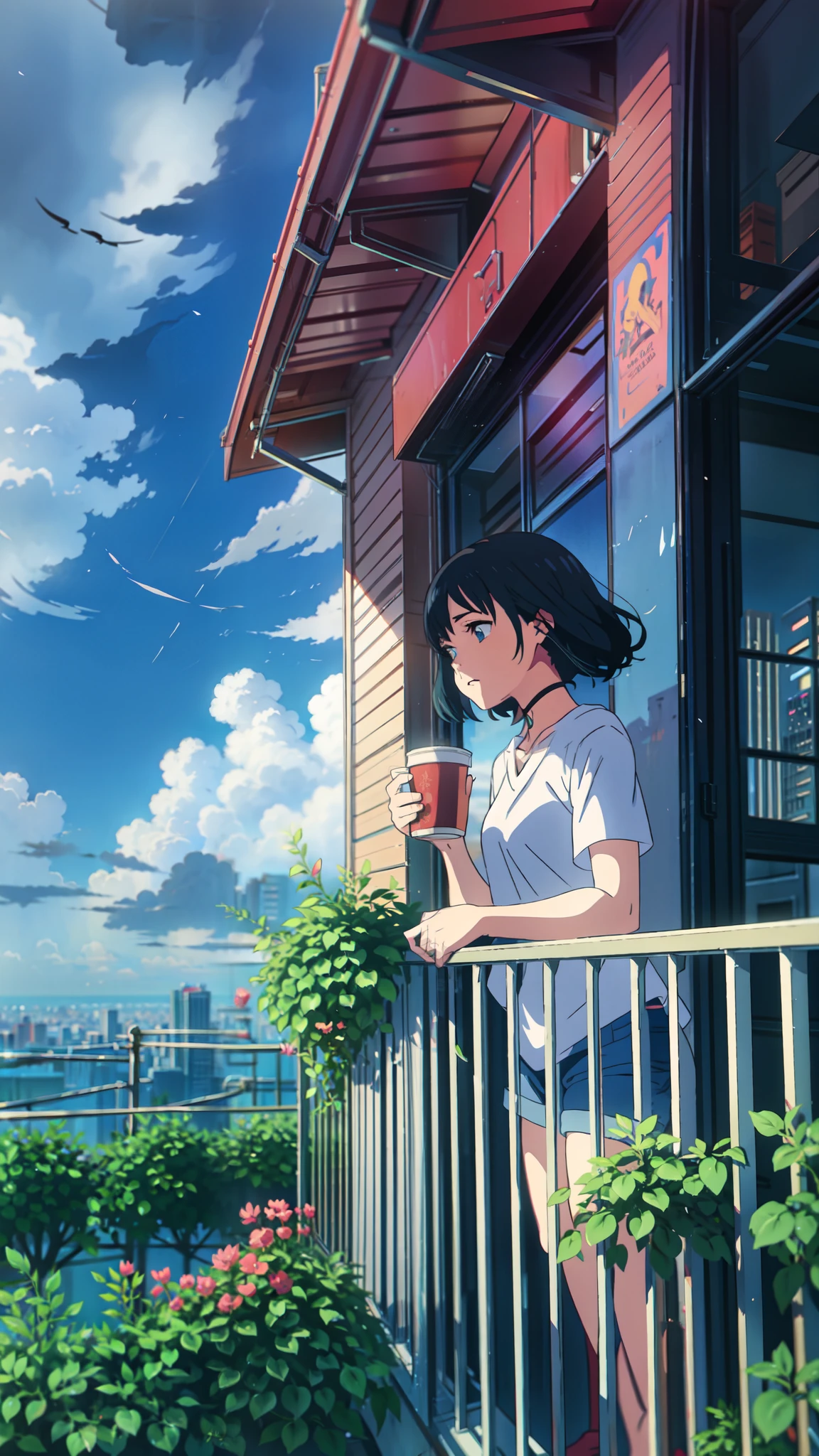 a girl standing on a balcony with a cup of coffee, cgsociety 9, chillhop, alena aenami and artgerm, makoto shinkai and artgerm, lofi girl aesthetic, anime scenery, makoto shinkai and (cain kuga), lofi aesthetic, anime landscape, anime nature, roof background, anime wallaper