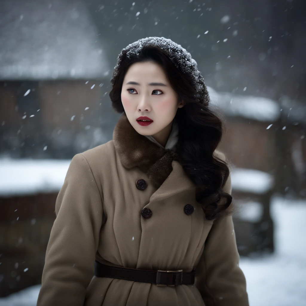 a beautiful young chinese woman in manchukuo, 1941, not wearing coat but wearing dress without coat, her hair was frozen, her body was frozen, frozen in thick rigid ice in a human exprimentenation prison room with lock door, lying down shivering in fear, tears in her eyes, mouth opened, encased in ice, unit 731 harbin, manchuria, china, (best quality,4k,8k,highres,masterpiece:1.2),ultra-detailed,(realistic,photorealistic,photo-realistic:1.37),HDR,UHD,studio lighting,ultra-fine painting,sharp focus,physically-based rendering,extreme detail description,professional,vivid colors,bokeh,horror,photography