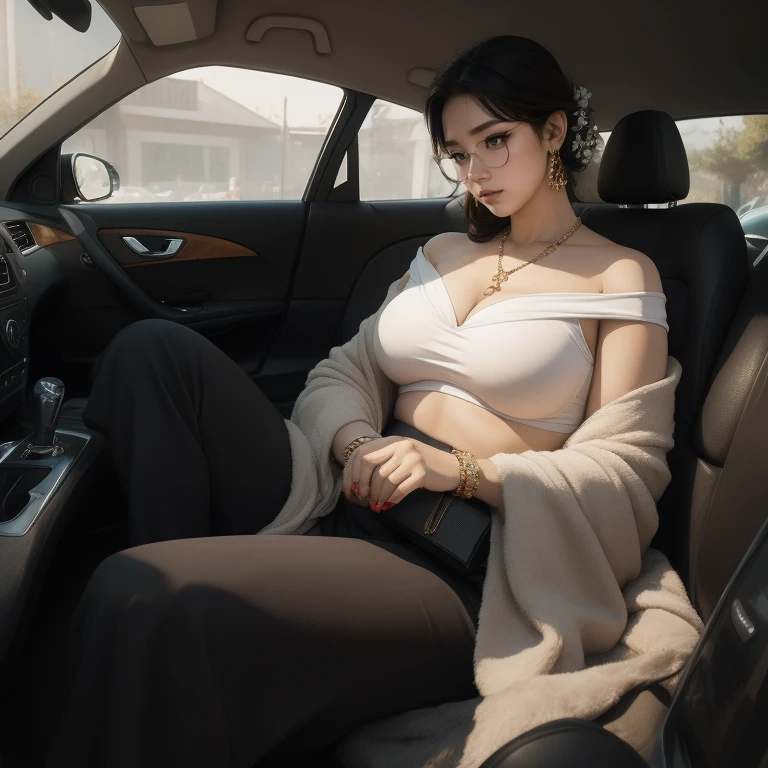 A beautiful high school glasses Arabian girl model, white skin, sharp nose, thin lips, circle face, wearing hijab, off shoulder, bangles bracelets, necklaces, swiss polo watch, tight white bra and cloak, black bag, curvy woman, black shoes with heels, sleeping with her mouth wide open, yawning, sleeping sitting on the car, brown hair, curvy woman, head resting on the seat, short hair shoulder length, eyelids outlined in black, nails painted black, detailed face