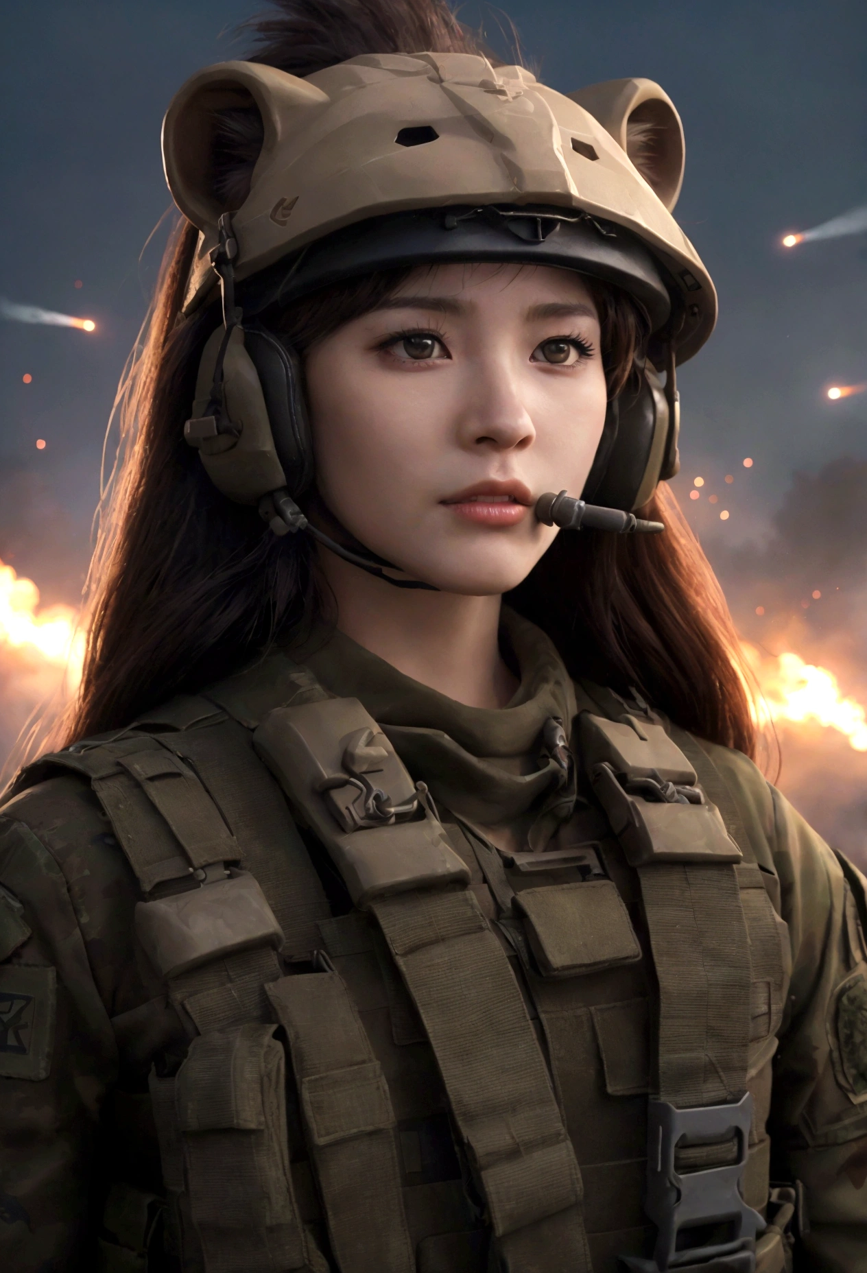 including lions.、The mouth of the animal helmet clearly reveals the face of a human woman.。Background、In the dark battlefield sky lit by anti-aircraft fire from flares、Explosions and smoke add tension and action.。The soldiers&#39; cute and stylish uniforms、Stand out in a chaotic background。The view is from the ground looking up at paratroopers and military aircraft.。Human female face、Cute and detailed features、Show determination and resolve、It must be clearly visible and expressive.、, high detail, motion blur, best quality, best quality, highres