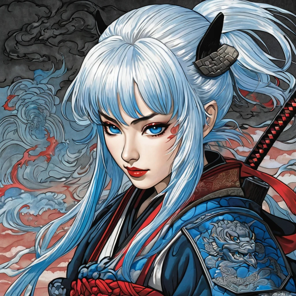 Japanese female samurai with blue eyes and white hair, in the style of hyper-detailed illustrations, dark red and light blue, naomiwatts, kazuyukikobayashi, mask, blue hair, oni mask, black nails, arm tattoo, bangs