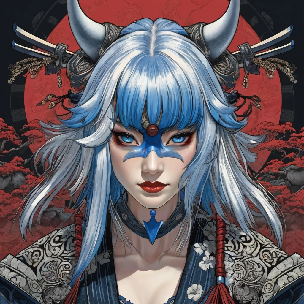 Japanese female samurai with blue eyes and white hair, in the style of hyper-detailed illustrations, dark red and light blue, naomiwatts, kazuyukikobayashi, mask, blue hair, oni mask, black nails, arm tattoo, bangs